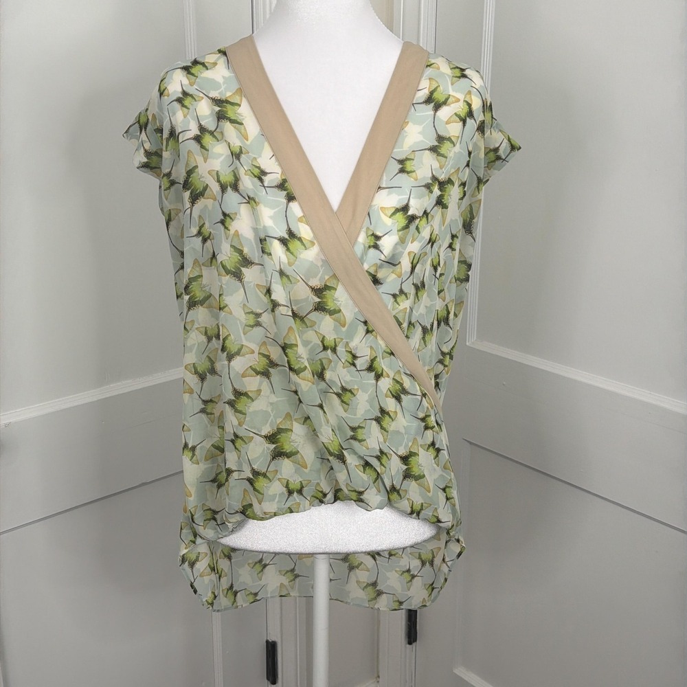 CAbi Top Womens Medium Green Chiffon Wrap Tunic Sheer Floral Blouse V Neck